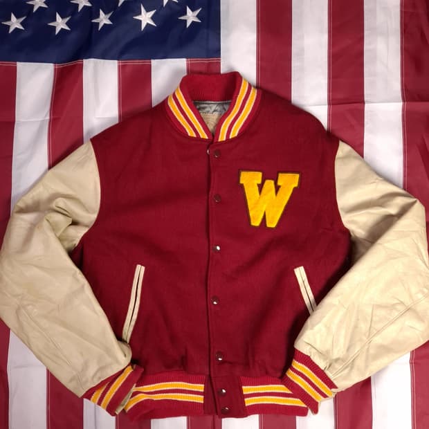 80's 오리지날 골든베어 울 레더 바시티자켓