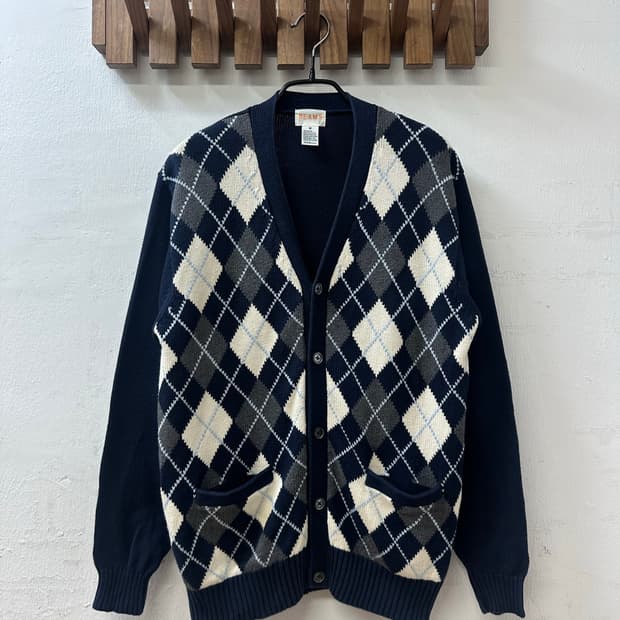 BEAMS 빔즈 아가일 패턴 코튼 100% 니트 가디건 