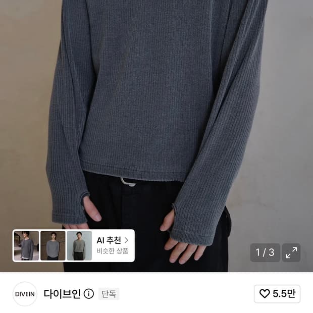 (2) 다이브인 X 패플서 리브드 롱 슬리브 다크 그레이