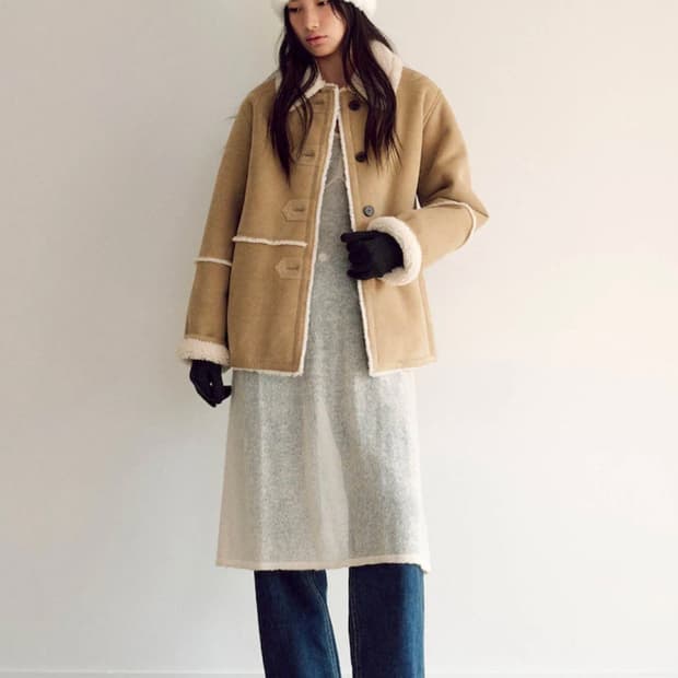 [새상품/택O] 구호플러스 시어링 스웨이드 미디 무스탕자켓 베이지