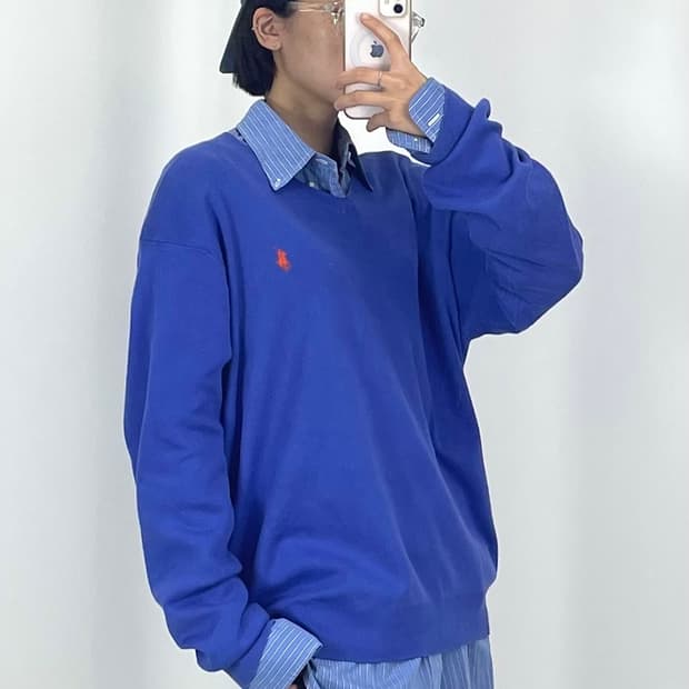 [XL]폴로 브이넥 블루 니트