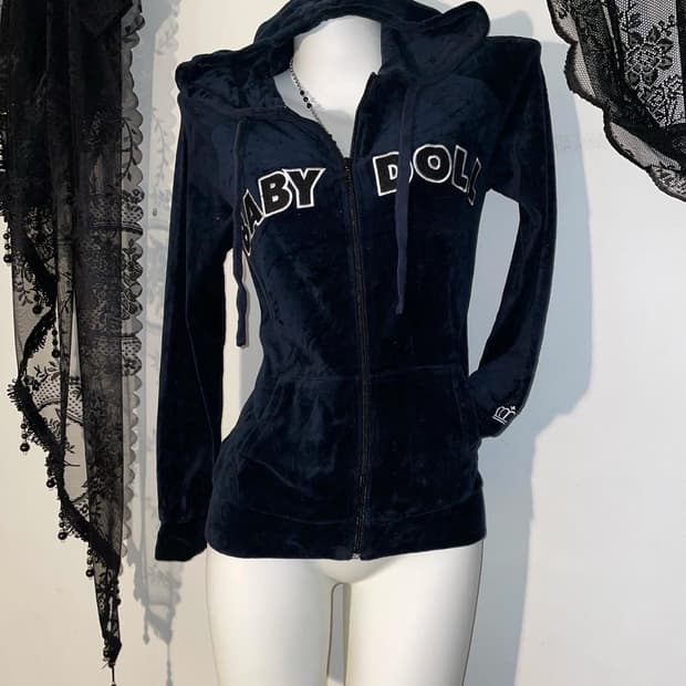 Baby doll 베이비돌 벨벳 블루블랙 갸루펑크 걀펑 후드집업 아우터