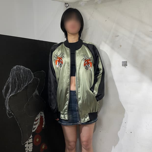 일본빈티지 사틴 호랑이 자수 스카잔 오리엔탈 스카쟌 3XL