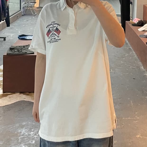 폴로랄프로렌 신형 성조기 백로고 화이트 카라넥하프티셔츠 H2407