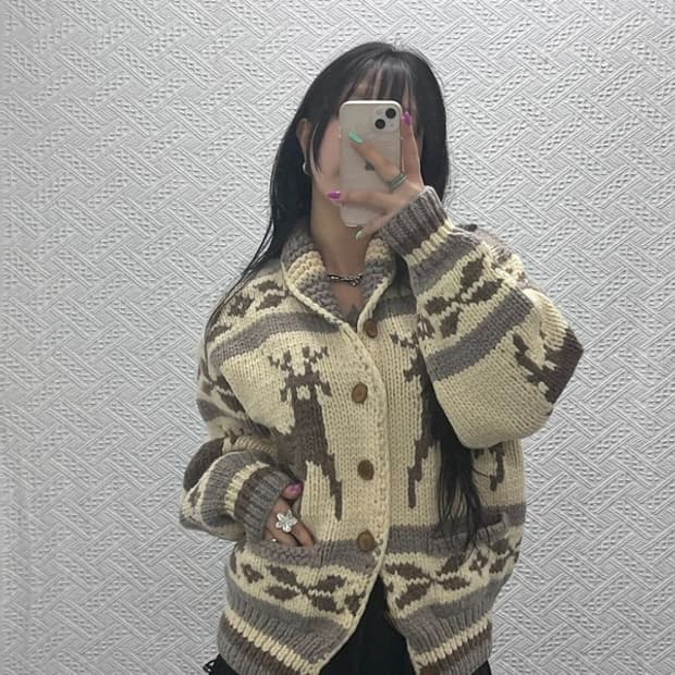 재팬 빈티지 희귀 폭닥여리 노르딕 코위찬 울 가디건 M C07253