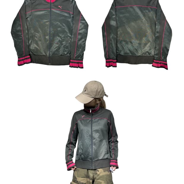 푸마 차콜 핑크 스몰 로고 트랙탑 져지 M