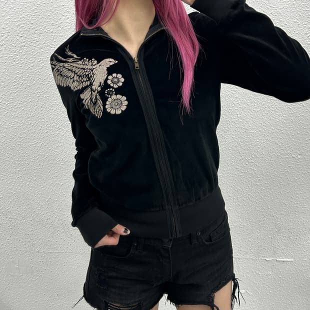 스키니미니 락시크맛 프린팅 블랙 벨벳 집업 L