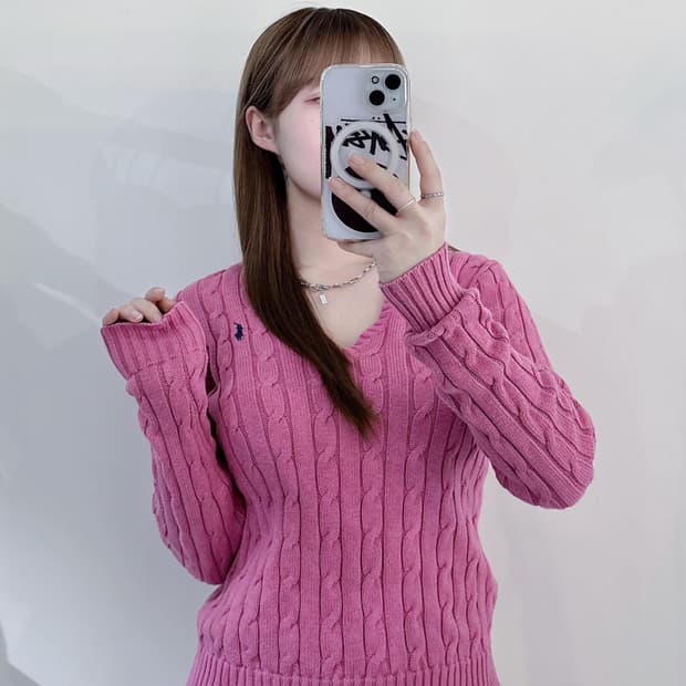 폴로랄프로렌 네이비포니 핑크 브이넥 케이블 니트