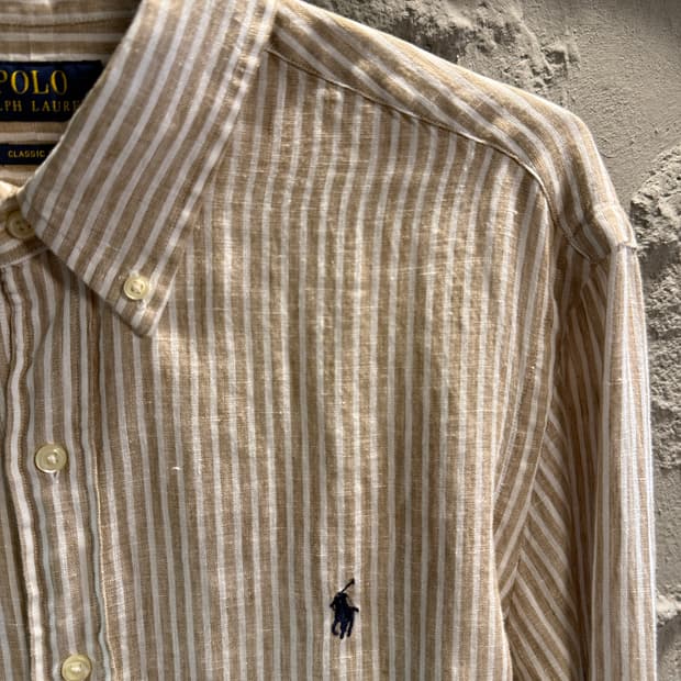 폴로 랄프로렌 린넨 스트라이프 버튼다운 셔츠 베이지 