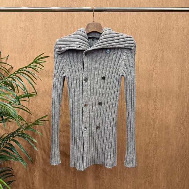 띠어리 골지 니트 가디건 숄 카라 더블 버튼 디테일 슬림핏 그레이