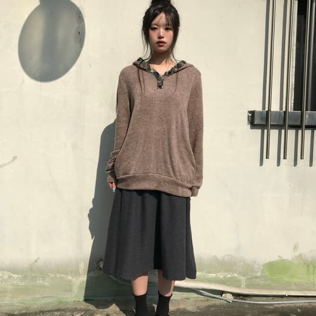 그린 체크 니트 후드