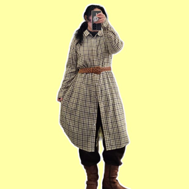 Shoo La  베이지 깅엄체크 롱셔츠