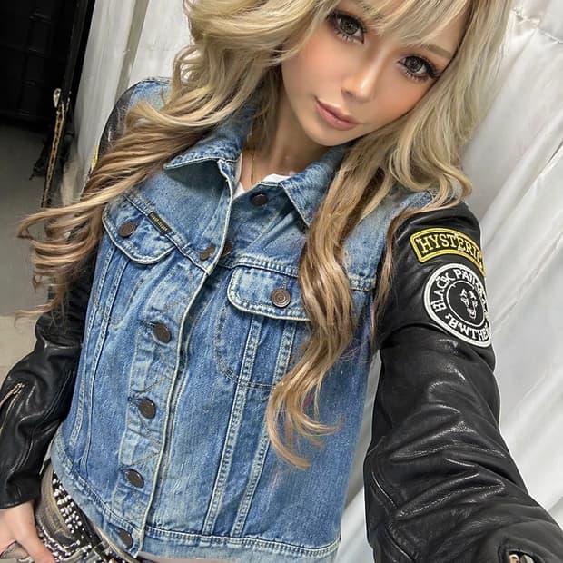 히스테릭 글래머 아카이브 패치 가죽 청재킷