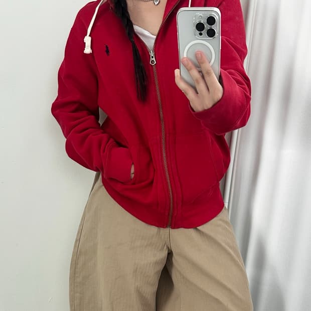 폴로 랄프로렌 네이비포니 레드 써멀 후드집업 