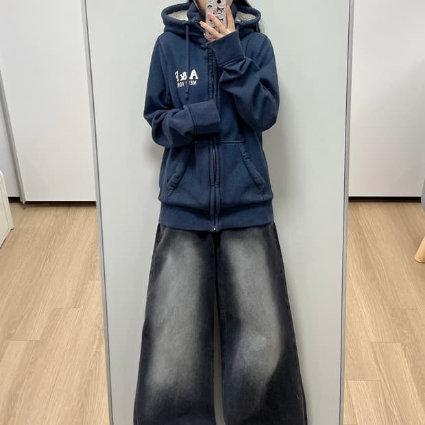 아베크롬비 자수로고 양털안감 네이비 후드집업