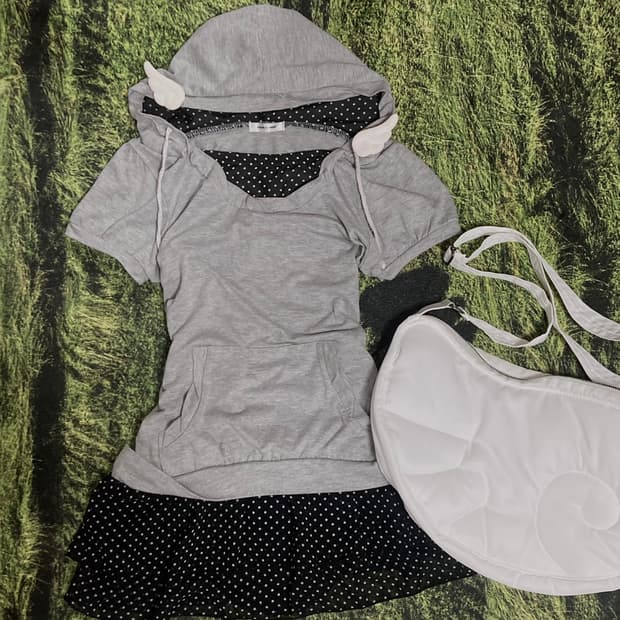 빈티지 도트 그레이 레이어드 반팔 후드 도쿄걸 모리걸 너드 코이세이오