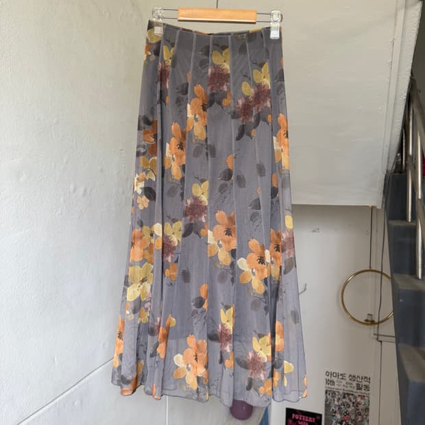 플라워 폴리 네트 롱스커트