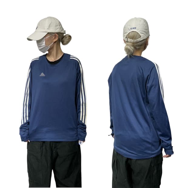 아디다스 네이비 스포티 블록코어 화이트 삼선 긴팔티 M