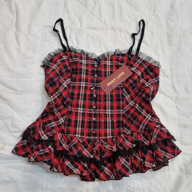 BODY LINE 레드 체크 프릴 코르셋 탑