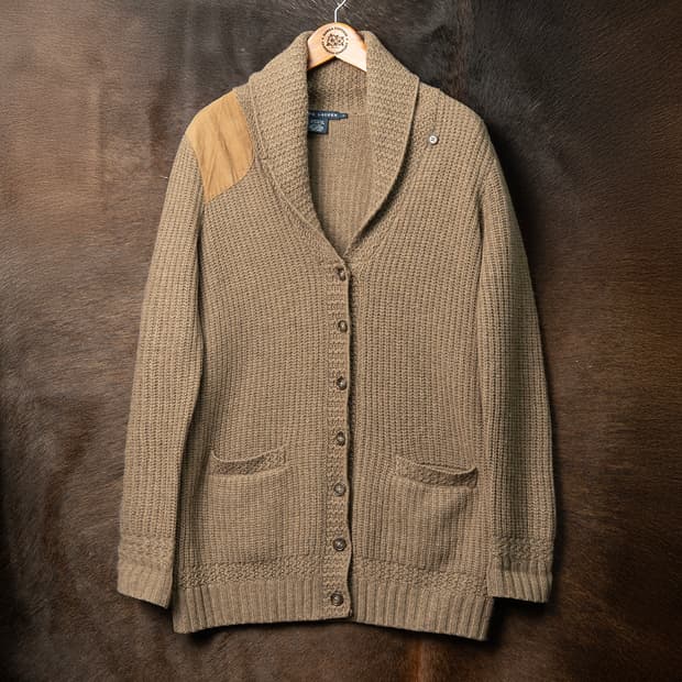 [우먼스 L] 랄프로렌 울 캐시미어 스웨이드 패치 숄카라 가디건 