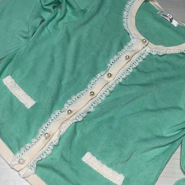 민트 레이스 진주알 가디건