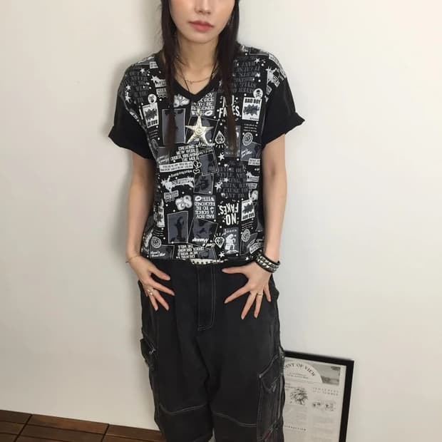 00s Bad Boy Punk Collage V-Neck Tee