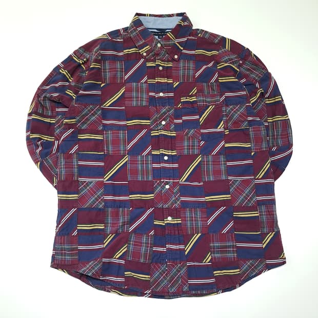 CK041 L 타미힐피거 90s 버건디 네이비 패치워크 셔츠 남방