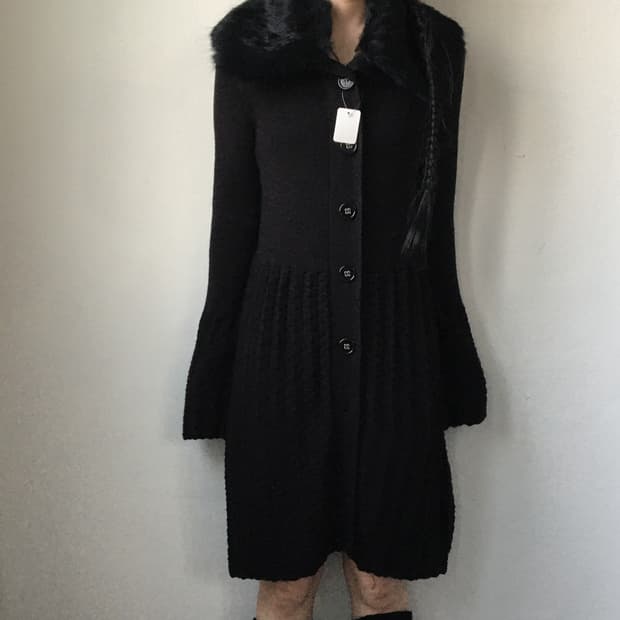 Fur collar point knit long cardigan