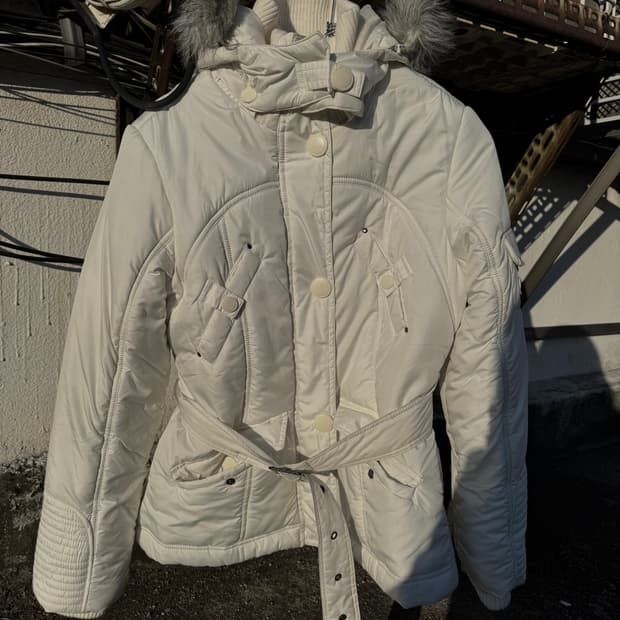 Ivory Fur-Trim Belted Puffer Jacket