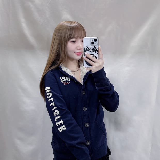 홀리스터 양털 네이비 버튼 후드집업 