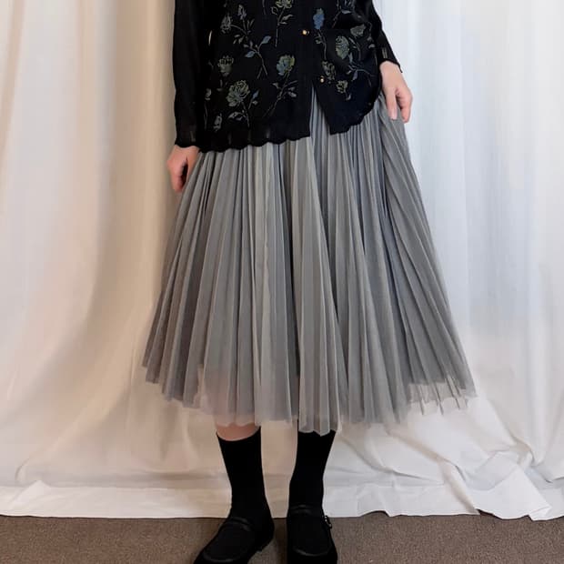 Shirring Tulle Midi Skirt - Gray