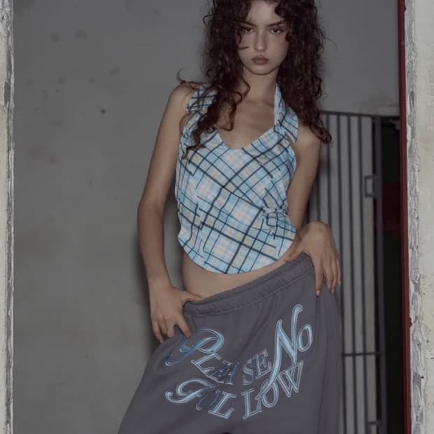 플리즈노팔로우 미나체크홀터탑 블루 Mina Check Halter Top