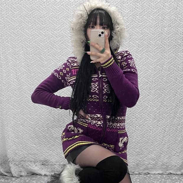 르꼬끄 희귀 Y2K 노르딕 코위찬 털 후드집업 가디건 M C09347