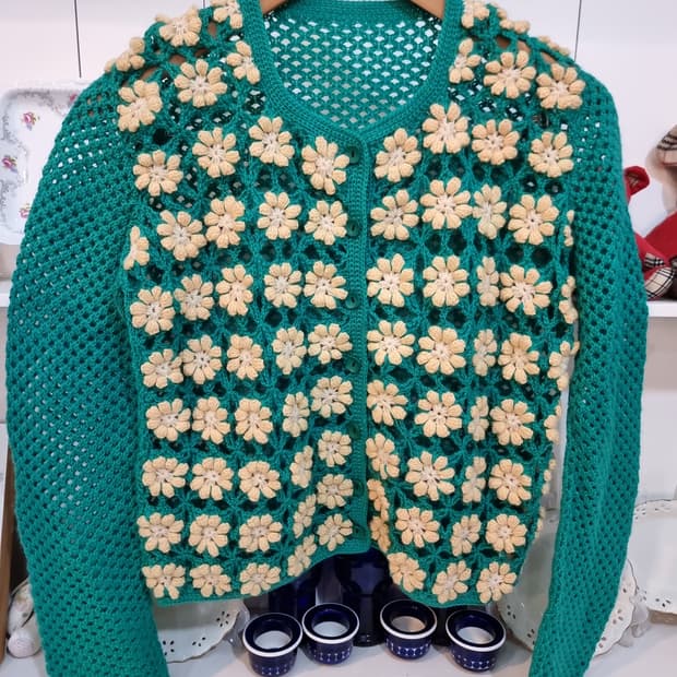 핸드메이드 꽃 모티브 크로셰 가디건
