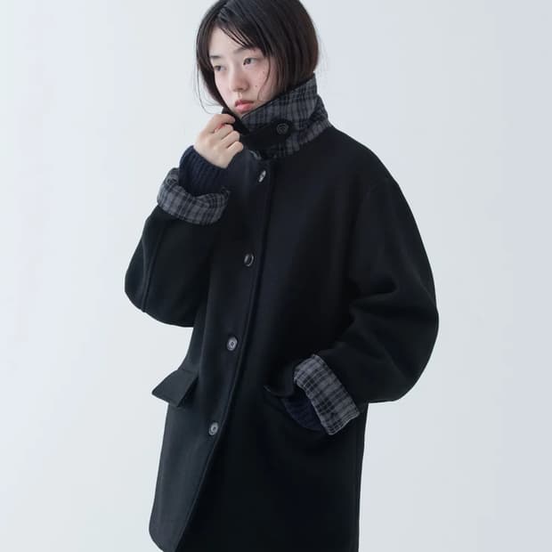 CHECK HALF WOOL COAT, BLACK