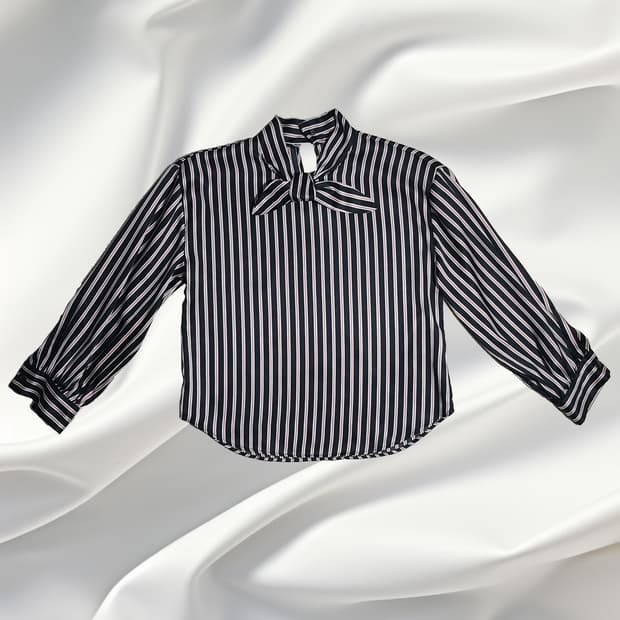 ZARA BASIC 자라 하이넥 리본 타이 스트라이프 블라우스 (S)