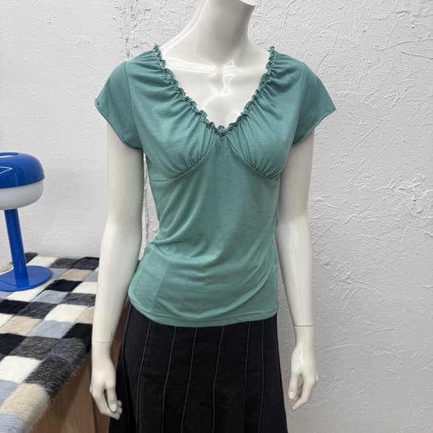 빈티지 민트 셔링 비즈 블라우스
