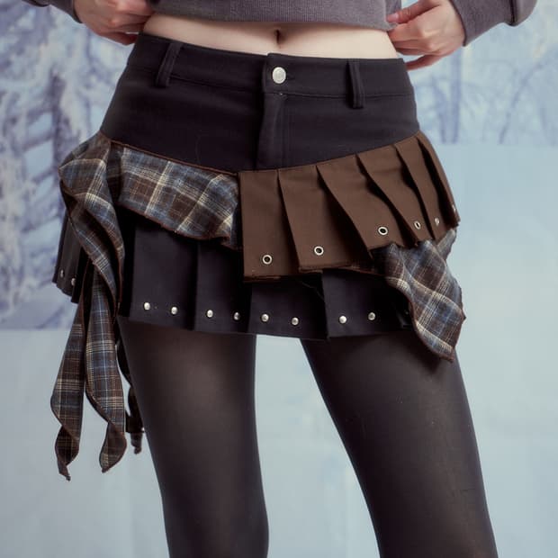 드라이로즈 체크 플리츠 스커트