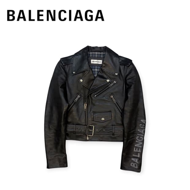 2018 발렌시아가  로고 슬리브 바이커 레더 재킷