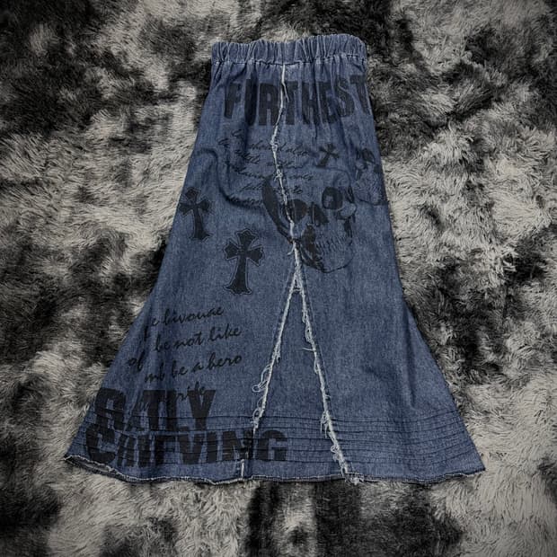 M.K.R 스컬 그래픽 데님 롱스커트