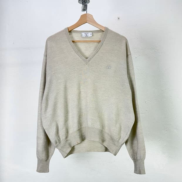 발렌티노 베이지 클래식 브이넥 니트 스웨터