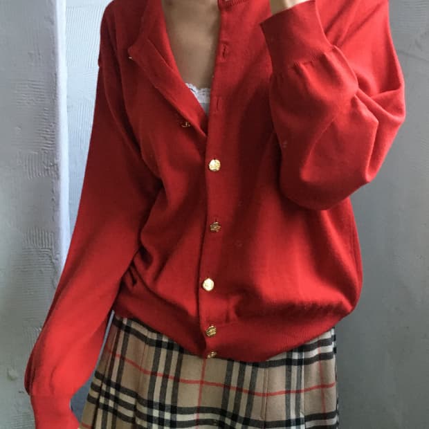 Burberry 버버리 레드 금장 버튼 울 가디건