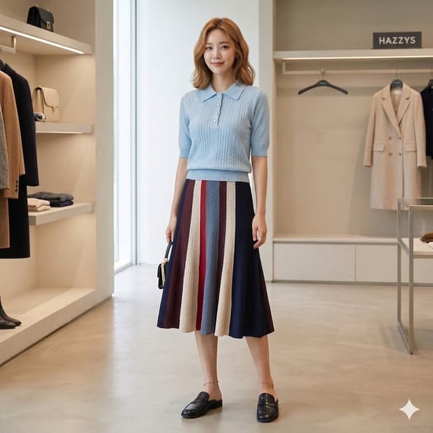 헤지스 니트 플리츠 미디 스커트 55 | 배색 스트라이프