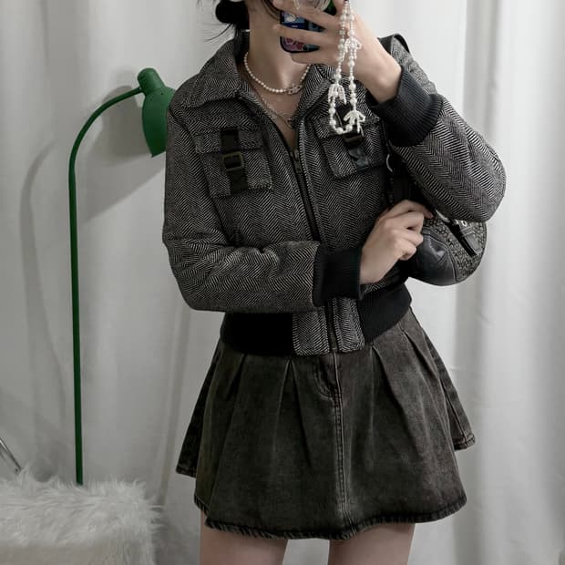 블랙 해링본 투 포켓 겨울 자켓