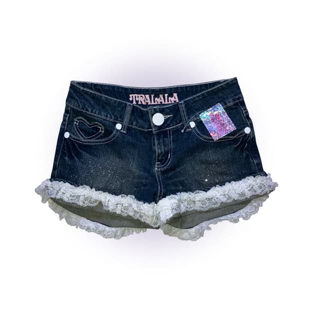 Tralala 글리터 화이트 레이스 하트 포켓 데님 숏팬츠 갸루 오네히메
