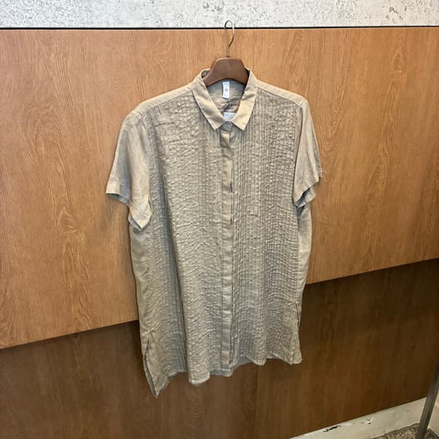 빈티지 반팔 셔츠 미디 원피스 카라넥 버튼 플리츠 디테일 브라운 k411