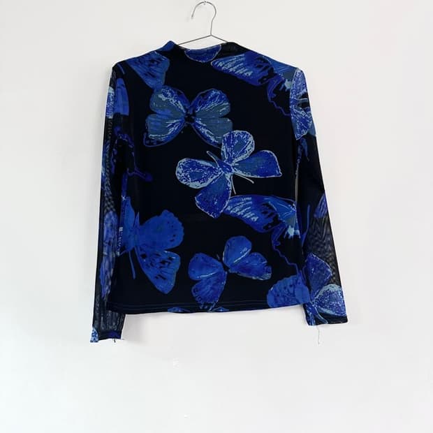 Big butterfly print top / blue & black