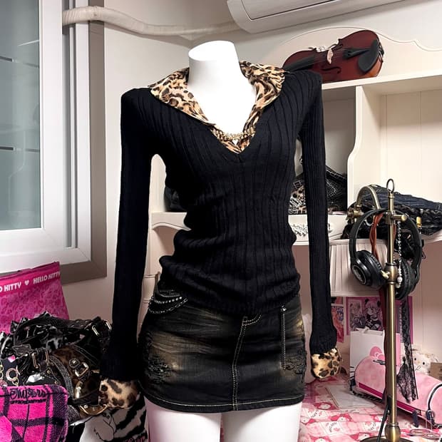 MA*RS마즈 레오파드 큐빅 니트 탑 오네갸루 y2k대장 핀터109긱시크