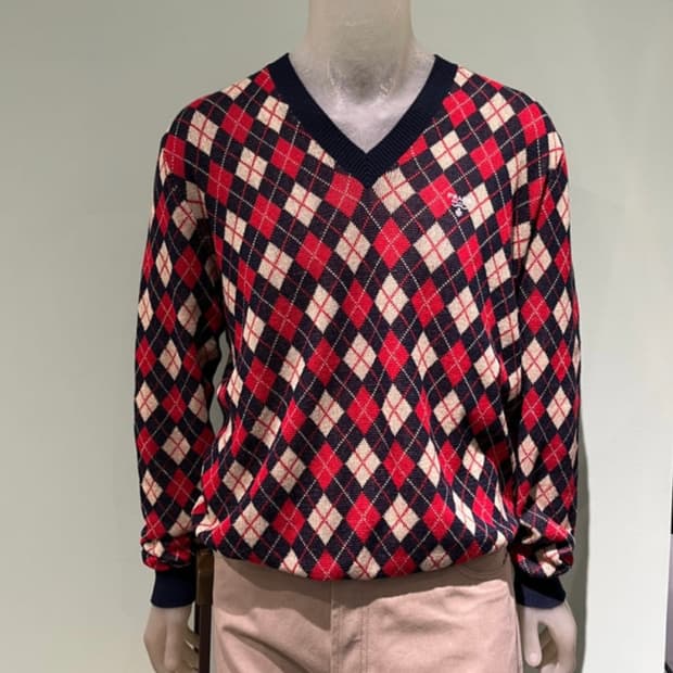 프라다 남성 아가일 체크 코튼 브이넥 니트