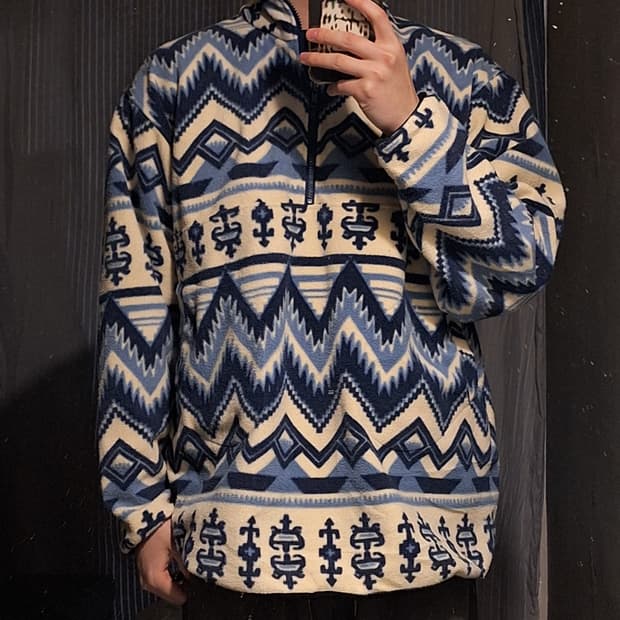 빈티지 JP 블루 스카이블루 화이트 배색 에스닉패턴 아노락 플리스 후리스